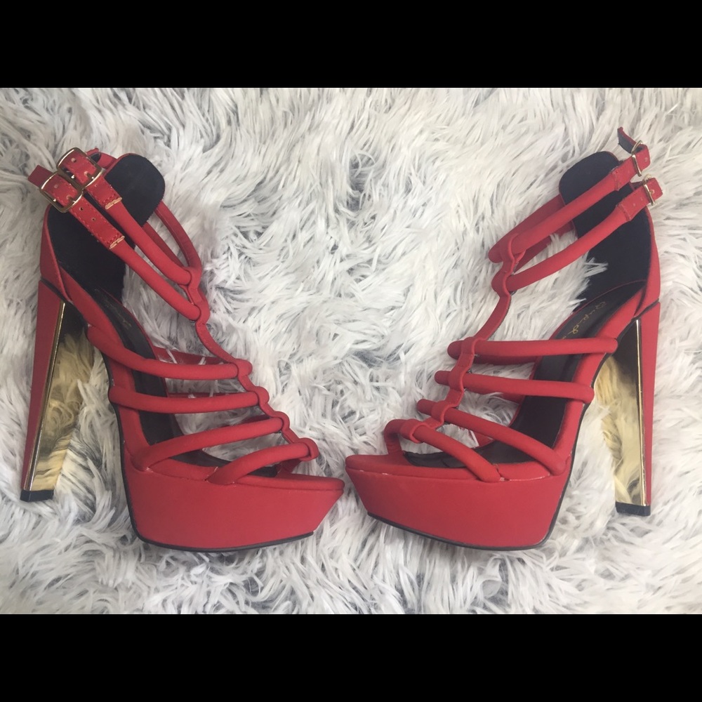 Qupid Red strap heels with gold bottom